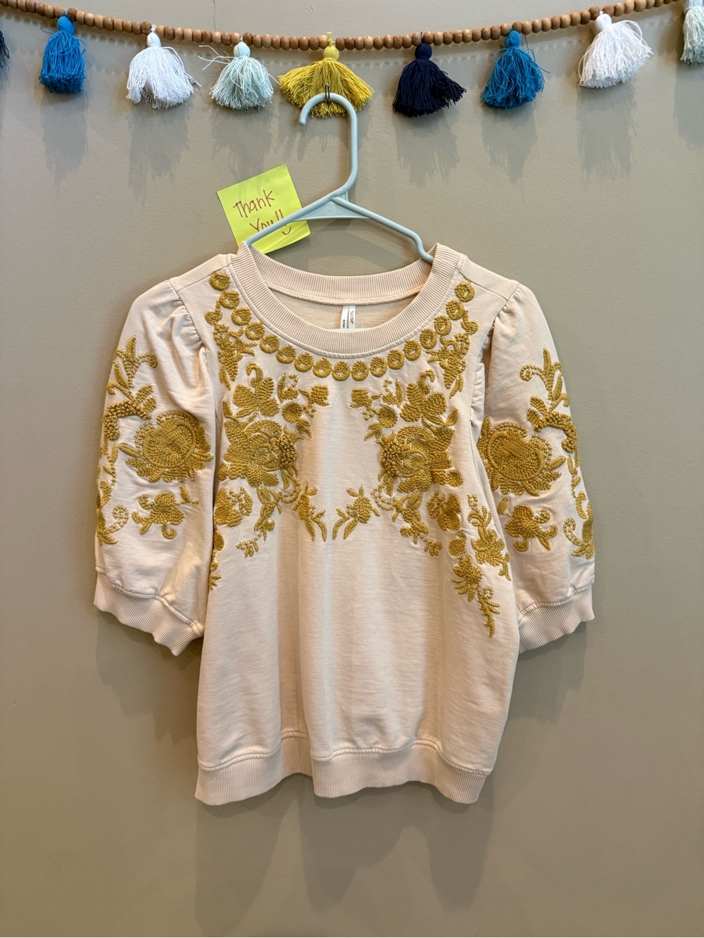 Anthropologie Cream Short-Sleeve Top with Gold Floral Embroidery - Picture 5 of 12